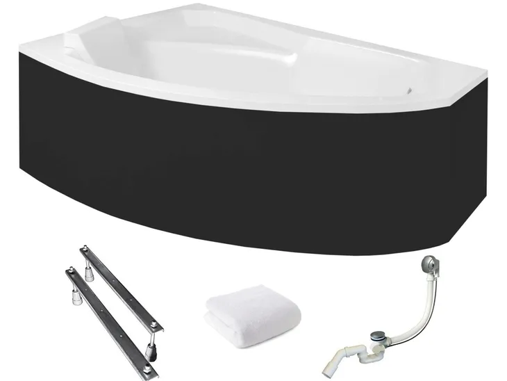 Wanna narożna z czarną obudową Rima 150×95 lewa Besco syfon nogi ręcznik