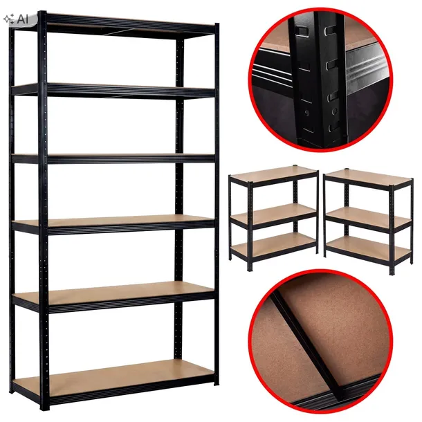 Metalowy Regał Magazynowy Do Garażu Biura 220x110x50 Czarny 6 Półek 1050kg