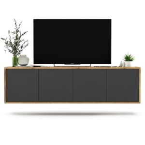 Wisząca szafka RTV, NORD, 150x35x39 cm, dąb wotan, grafit, mat