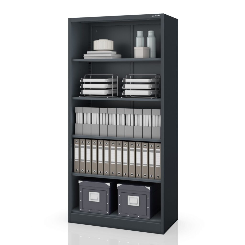 Regał biurowy metalowy, skręcany, zabudowany tył, antracytowy, 900x1850x450 mm: RUFUS
