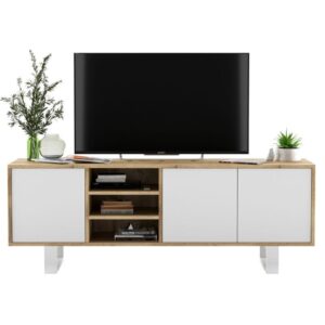 Szafka RTV, NORD, półki, 150x35x53 cm, dąb wotan, biel, mat