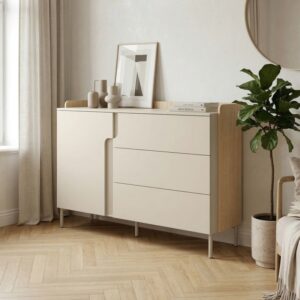 Komoda z drzwiami i 3 szufladami POSITIVO 140 CM, Dab Mavelie + Macadamia