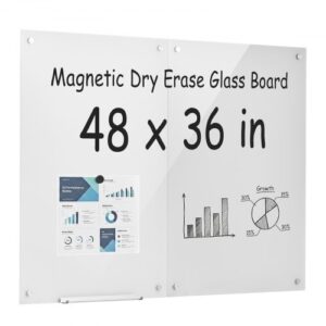 VEVOR Tablica magnetyczna 900×600 mm, montowana na ścianie, 2 sztuki, biała, do biura, szkoły, klasy, edukacji domowej, bezramkowa, szkło bezpieczne o grubości 4,3 mm, w zestawie markery, magnesy, gąbka