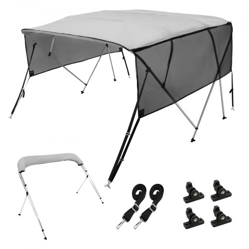 Pokrowiec na łódź VEVOR Bimini Top z 4 łukami, szerokość montażu 216–228 cm, baldachim z poliestru 600D, pokrowiec na łódź ze zdejmowanymi ściankami bocznymi z siatki, wodoodporny i chroniący przed słońcem, zawiera schowek, jasnoszary