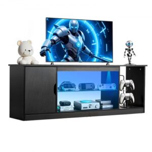Stojak pod telewizor VEVOR do telewizorów o przekątnej do 65 cali, stolik pod telewizor z listwą świetlną, drewniana szafka pod telewizor ze szklaną półką i regulowanymi półkami, konsola pod telewizor do salonu i sypialni, kolor czarny