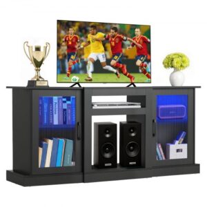 Stojak pod telewizor VEVOR do telewizorów o przekątnej do 65 cali, stolik pod telewizor z listwą świetlną, drewniana szafka pod telewizor z drzwiami i regulowanymi półkami, konsola pod telewizor do salonu i sypialni, kolor czarny
