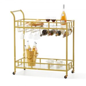 Wózek barowy VEVOR do serwowania, 2 poziomy, wózek na wino, udźwig 55 kg, mobilny wózek na napoje, szklane półki z lustrem, 85,5 x 38 x 93 cm, do małych przestrzeni, kuchni, jadalni, baru, złoty