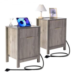 VEVOR Stolik nocny kwadratowy, 2-częściowy, z portami i gniazdami USB, 3-poziomowy stolik boczny z szafką do przechowywania i 2 szufladami, do salonu, sypialni, biura