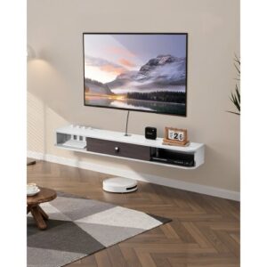 VEVOR Szafka RTV wisząca, szafka RTV z otworem na kable, wisząca półka RTV z miejscem do przechowywania odtwarzacza DVD, dekodera, konsoli do gier, szafka ścienna o udźwigu 52 kg, biała, długość 140 cm