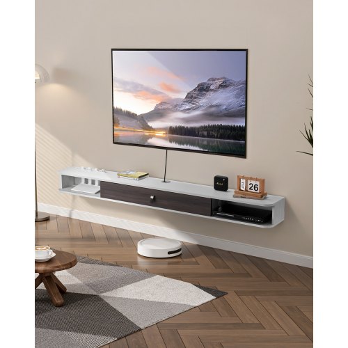 VEVOR Szafka RTV wisząca, szafka RTV z otworem na kable, wisząca półka RTV z miejscem do przechowywania odtwarzacza DVD, dekodera, konsoli do gier, szafka ścienna o udźwigu 52 kg, biała, długość 180 cm