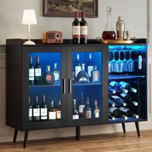 Szafka na wino VEVOR z uchwytami na kieliszki, bufet z przyciemnianym oświetleniem LED i półkami na butelki (na 9 butelek), barek do kuchni, salonu i jadalni, czarna szafka na wino