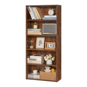 VEVOR Smukła biblioteczka z 5 prostokątnymi przegrodami i półką o regulowanej wysokości, 1345 mm wysokości, półka do przechowywania wykonana z płyty wiórowej E1, półka ekspozycyjna do salonu, sypialni, brązowa