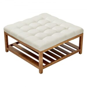 Stolik kawowy VEVOR kwadratowy (875 x 875 x 445 mm) z półką z litego drewna, solidny tapicerowany puf z lnianym podnóżkiem do sypialni i salonu, 181,44 kg, kremowo-biały