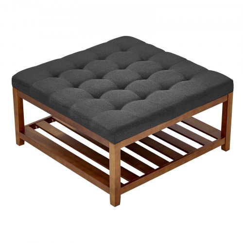 Stolik kawowy VEVOR kwadratowy (875 x 875 x 445 mm) z półką z litego drewna, solidny tapicerowany puf z lnianym podnóżkiem do sypialni i salonu, 181,44 kg, ciemnoszary