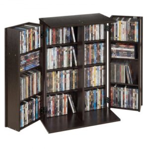 Półka na płyty DVD VEVOR, 4-poziomowa, 610 x 368 x 846 mm, szafka na płyty DVD, przechowywanie multimediów na płytach CD, DVD, książkach, grach, regał na płyty CD do salonu, biura domowego, studia nagrań, brązowa