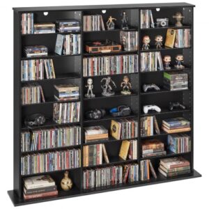Półka na DVD VEVOR z 24 przegródkami (8 poziomów), półka na multimedia, wolnostojąca półka 142 x 22 x 130 cm, oszczędzająca miejsce półka do przechowywania płyt CD, DVD, książek, płyt z grami, półka na książki do salonu/biura domowego, czarna