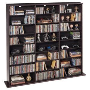Półka na DVD VEVOR z 24 przegródkami (8 poziomów), półka na multimedia, wolnostojąca półka 142 x 22 x 130 cm, oszczędzająca miejsce półka do przechowywania płyt CD, DVD, książek, płyt z grami, regał na książki do salonu/biura domowego, brązowa