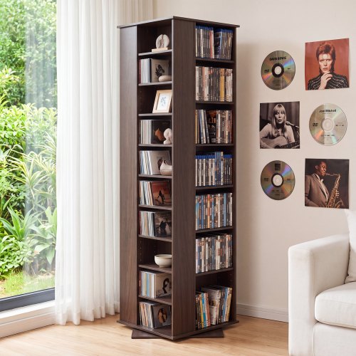 Półka na płyty CD VEVOR 475x475x1636 mm, wieża na płyty CD, obrotowa półka na książki z 34 przegródkami na płyty CD, DVD, książki i płyty z grami, stojak na płyty DVD do salonu, biura domowego i studia nagrań, brązowy