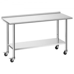 Stół VEVOR ze stali nierdzewnej do restauracji, 1524 x 610 x 894 mm, regulowany stół ze stali nierdzewnej z kółkami, z rantem 30 mm, stół roboczy z półką dolną do restauracji, półka górna (254 kg), półka dolna (209 kg)