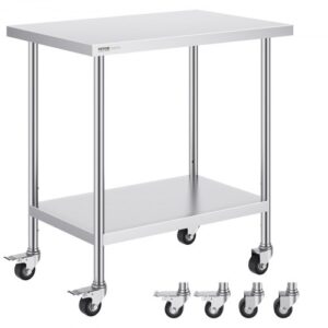 Stół roboczy VEVOR ze stali nierdzewnej, 610 x 914 x 954,6 mm, stół przygotowawczy z 4 kółkami, 3 poziomy regulacji wysokości, stół roboczy do przygotowywania żywności w kuchniach komercyjnych i restauracjach