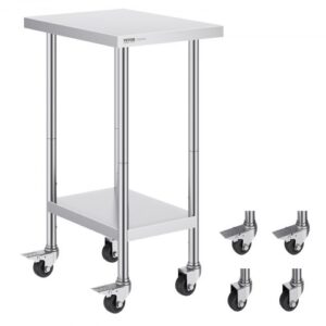 Stół roboczy VEVOR ze stali nierdzewnej, stół przygotowawczy 610 x 457 x 954,6 mm, udźwig 290 kg, z 4 kółkami, 3 poziomami regulacji wysokości, stół roboczy do przygotowywania żywności dla restauracji komercyjnych
