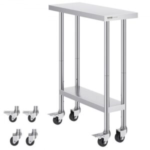 VEVOR Komercyjny stół roboczy ze stali nierdzewnej z 4 kółkami, 3 poziomami regulacji wysokości, 762 x 305 x 954,6 mm Stół roboczy do przygotowywania żywności dla restauracji komercyjnych