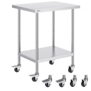 VEVOR Stół roboczy ze stali nierdzewnej, stół przygotowawczy z 4 kółkami, 3 poziomy regulacji wysokości, 610 x 762 x 954,6 mm Stół kuchenny do przygotowywania żywności dla restauracji komercyjnych