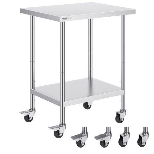 VEVOR Stół roboczy ze stali nierdzewnej, stół przygotowawczy z 4 kółkami, 3 poziomy regulacji wysokości, 610 x 762 x 954,6 mm Stół kuchenny do przygotowywania żywności dla restauracji komercyjnych