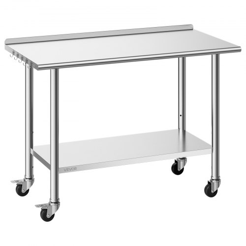 Stół VEVOR ze stali nierdzewnej do restauracji, 1220 x 610 x 894 mm, regulowany stół ze stali nierdzewnej z kółkami, z rantem (30 mm), stół roboczy z półką dolną do restauracji, półka górna (245 kg), półka dolna (204 kg)