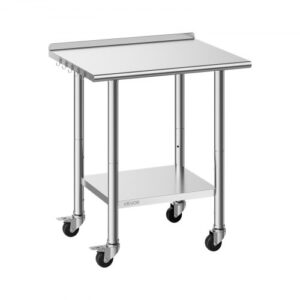 Stół VEVOR ze stali nierdzewnej do restauracji, 762 x 610 x 894 mm, regulowany stół ze stali nierdzewnej z kółkami, z rantem (30 mm), stół roboczy z półką dolną do restauracji, półka górna (204 kg), półka dolna (168 kg)