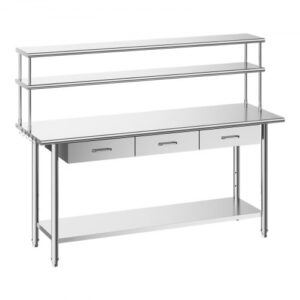 Stół roboczy VEVOR Catering 1829 x 610 x 1400 mm, stół ze stali nierdzewnej z półką bazową, 3 szufladami i podwójną półką wysuwaną, stół roboczy do restauracji, garażu, kuchni