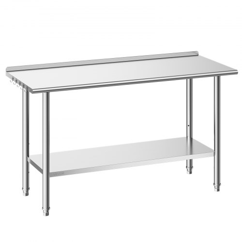 Stół roboczy VEVOR Gasto 1524 x 610 x 894 mm, wykonany ze stali nierdzewnej, z 2 poziomami, podniesioną krawędzią i półkami o regulowanej wysokości. Górna półka (254 kg), dolna półka (209 kg). Stół do przygotowywania posiłków dla restauracji.