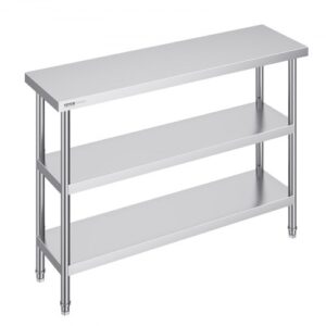 VEVOR Stół do przygotowywania żywności ze stali nierdzewnej, 356 x 1219 x 864 mm Stół roboczy do kuchni komercyjnej, z 2 regulowanymi dolnymi półkami, stół do przygotowywania potraw na grillu, do kuchni, domu i garażu