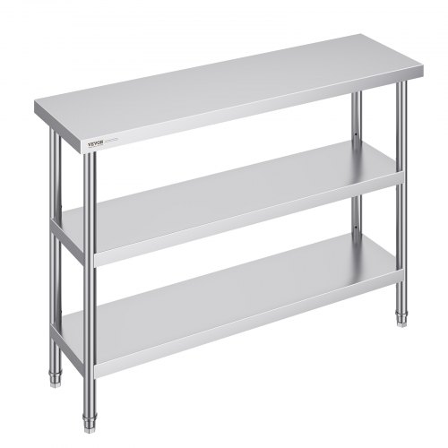 VEVOR Stół do przygotowywania żywności ze stali nierdzewnej, 356 x 1219 x 864 mm Stół roboczy do kuchni komercyjnej, z 2 regulowanymi dolnymi półkami, stół do przygotowywania potraw na grillu, do kuchni, domu i garażu
