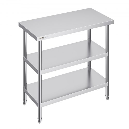 Stół roboczy do przygotowywania potraw ze stali nierdzewnej VEVOR, 457 x 914 x 864 mm, stół roboczy do kuchni komercyjnej, z 2 regulowanymi dolnymi półkami, wytrzymały metalowy stół do przygotowywania potraw na grillu, kuchenny