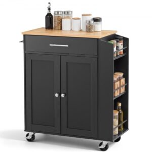 Wózek kuchenny VEVOR z 1 szufladą i 2 drzwiami, czarny, mobilna wyspa kuchenna, wózek kuchenny z półką na przyprawy, relingiem na ręczniki, blatem (640 x 380 x 15 mm) i regulowanymi półkami do jadalni