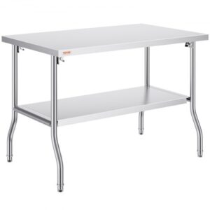 VEVOR Komercyjny stół roboczy, 1220 x 762 mm, składany komercyjny stół przygotowawczy, składany stół z dwiema półkami ze stali nierdzewnej, kuchenny stół roboczy o nośności 350 kg, srebrna wyspa kuchenna