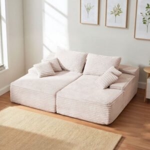 VEVOR Duża podwójna leżanka (210 cm) z kordu, wygodna sofa dwuosobowa z głębokim siedziskiem, miękkimi poduszkami i poduszkami dekoracyjnymi do salonu i sypialni, sofa rozkładana dla 2 osób, beżowa