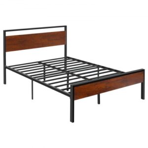 Rama łóżka pełnowymiarowego VEVOR, metalowa rama łóżka platformowego z drewnianym zagłówkiem i podnóżkiem w kolorze retro brown, duży schowek pod łóżkiem, antypoślizgowa, nie wymaga stelaża