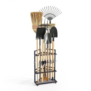 Stojak na narzędzia ogrodowe VEVOR 410x275x610mm, narożny, czarny, półka do garażu i ogrodu, stalowy organizer na miotły, mopy, grabie, z podwójnymi otworami i nóżkami poziomującymi