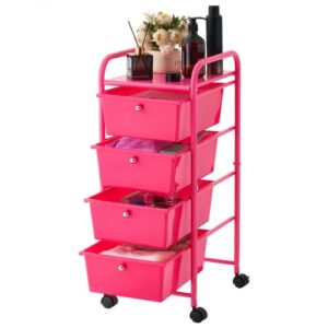 Wózek VEVOR na kółkach z 4 szufladami, 330 x 390 x 815 mm, kolor różowo-czerwony, metalowa rama, półka, uchwyty, kółka obrotowe z 2 hamulcami, mobilny wózek magazynowy do biura, warsztatu, sali lekcyjnej
