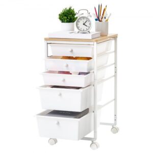 Wózek VEVOR z 5 szufladami, mobilny pojemnik na kółkach 400x330x635 mm, biały, metalowa rama, drewniany blat, uchwyty, kółka obrotowe z 2 hamulcami, wózek magazynowy do biura, pracowni rzemieślniczej, sypialni