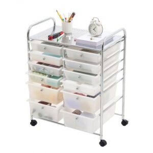 Wózek VEVOR z 12 szufladami, dwurzędowy pojemnik na kółkach, 635 x 395 x 815 mm, metalowa rama, półka, uchwyty, kółka obrotowe z 2 hamulcami, mobilny wózek z szufladami do biura, warsztatu, sali lekcyjnej
