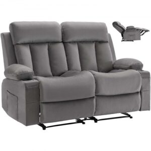 Fotel relaksacyjny VEVOR Doubleseat, elektryczny fotel z funkcją ogrzewania i masażu, aksamitny fotel masujący z portami USB, uchwytami na kubki i kieszeniami bocznymi, fotel TV do salonu, szary