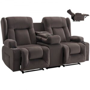 Fotel relaksacyjny VEVOR Doubleseat, elektryczna sofa rozkładana z funkcją ogrzewania i masażu, fotel masujący z centralnym sterowaniem, portami USB, uchwytami na kubki i kieszeniami bocznymi, sofa do salonu, brązowa