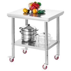 VEVOR Stół roboczy/kuchenny ze stali nierdzewnej (76 x 60 cm) do przygotowywania żywności z kółkami, stół do przygotowywania potraw z regulowaną półką do kuchni komercyjnych, restauracji, hoteli, garaży i do użytku na zewnątrz