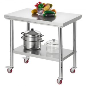 VEVOR Stół roboczy/kuchenny ze stali nierdzewnej (90 x 60 cm) do przygotowywania posiłków z kółkami, stół do przygotowywania potraw z regulowaną półką do kuchni komercyjnych, restauracji, hoteli, garaży i do użytku na zewnątrz