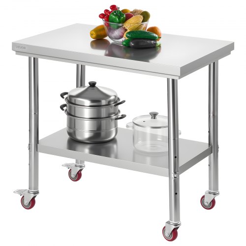 VEVOR Stół roboczy/kuchenny ze stali nierdzewnej (90 x 60 cm) do przygotowywania posiłków z kółkami, stół do przygotowywania potraw z regulowaną półką do kuchni komercyjnych, restauracji, hoteli, garaży i do użytku na zewnątrz