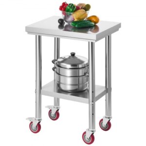VEVOR Stół roboczy/kuchenny ze stali nierdzewnej (61 x 45 cm) do przygotowywania posiłków z kółkami, stół do przygotowywania potraw z regulowaną półką do kuchni komercyjnych, restauracji, hoteli, garaży i użytku na zewnątrz