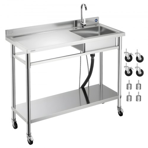 Zlewozmywak VEVOR ze stali nierdzewnej (1200 x 500 x 1055 mm), pojedyncza komora z baterią i kółkami, zlew kuchenny do garażu, restauracji, pralni, umywalka zewnętrzna z blatem (lewa)